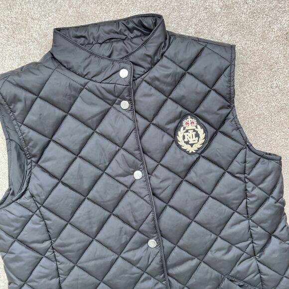Lauren Ralph Quilted Puffer Vest Womens Medium Black Crest Crown Equestrian Snap - Picture 2 of 7